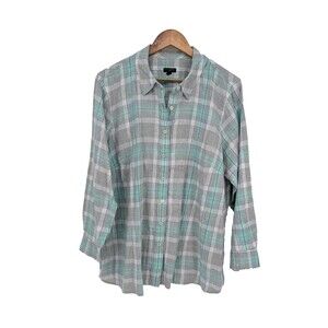 Talbots plaid top long sleeve button down 2x plus women's blue gray metallic